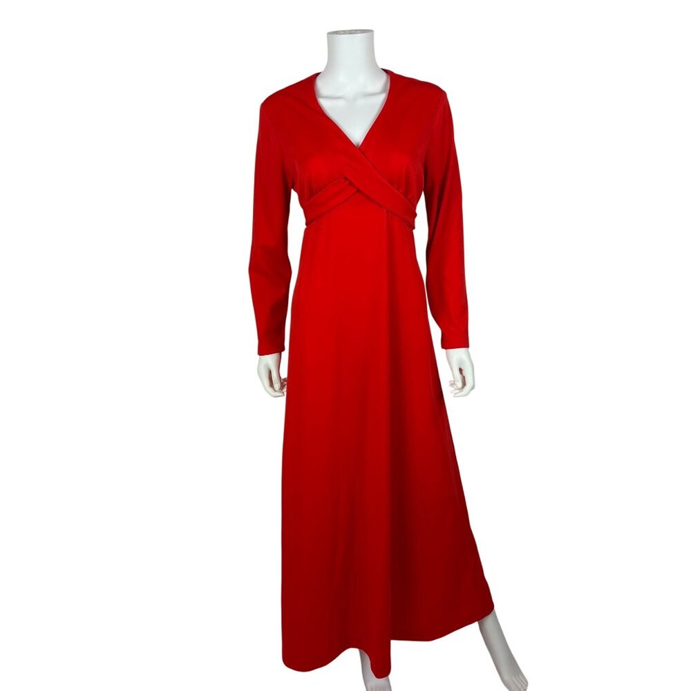 Vintage 70s Maxi Dress Womens M Red Faux Wrap Cross Tie Long Sleeve Polyester - Picture 2 of 10